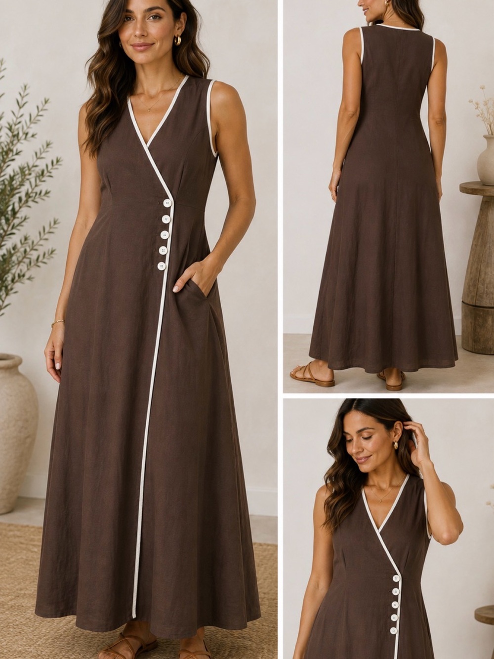 Marée  by anthropology chocolate Brown Contrast Trim Maxi Dress LP Large Petite